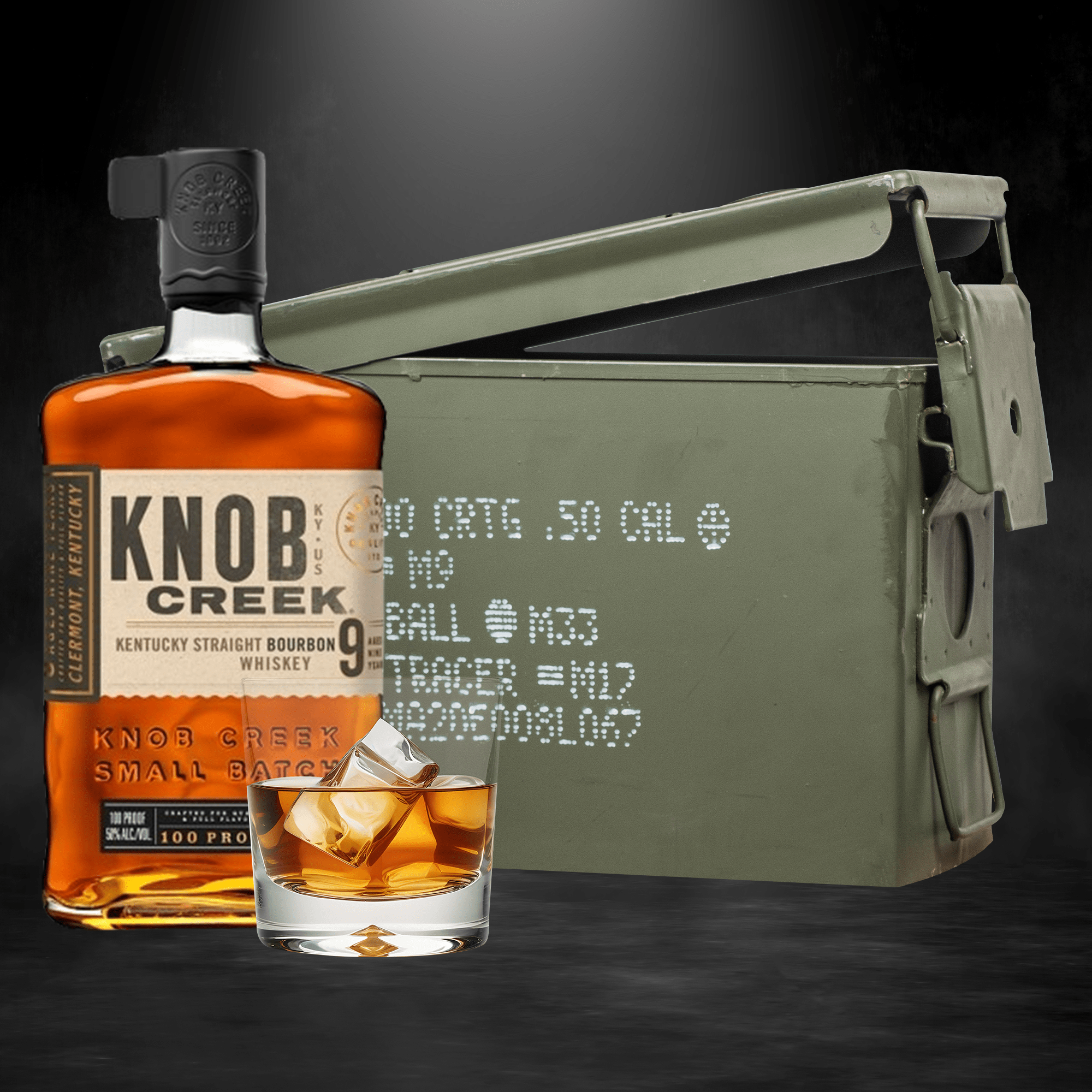 Knob Creek bourbon bottle inside authentic ammo can gift set